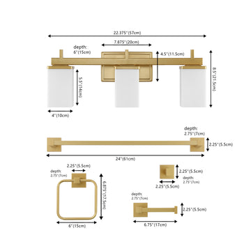Caia 22.38" 3-Light Modern Contemporary Vanity Light with Frosted Glass Shades and Bathroom Hardware Accessory Set - JONATHAN Y